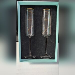 Groom & Groom Champagne Flutes Set Gold Rim Wedding Toast Glasses Boxed